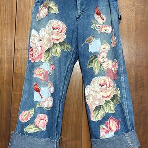 Vtg Upcycled Magnolia Floral Jeans Cottage Core Patchwork Sanforized M 28-30 Wai